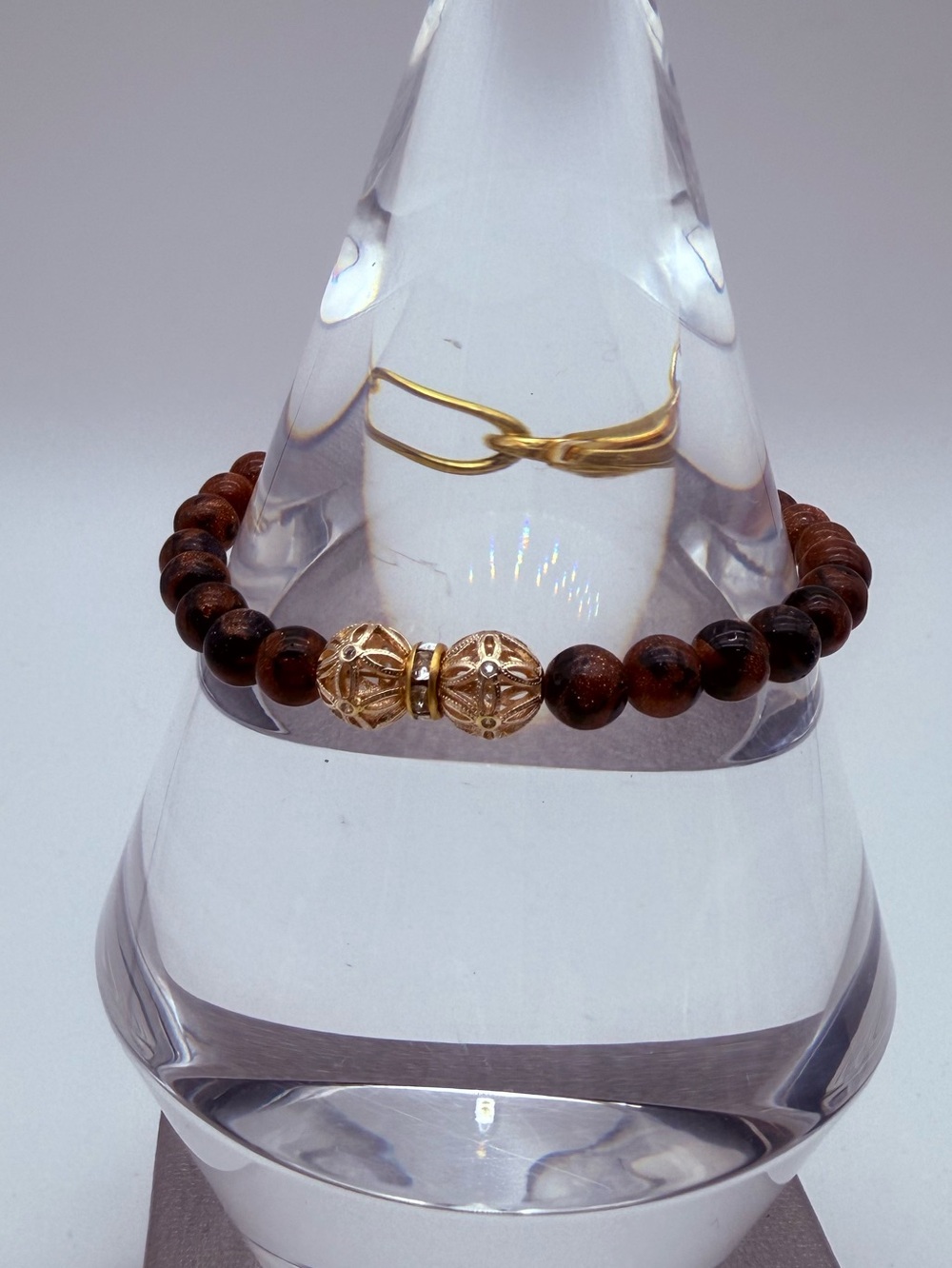 Elegant Brown & Black Beaded Bracelet with Gold Filigree & Rhinestone Accents